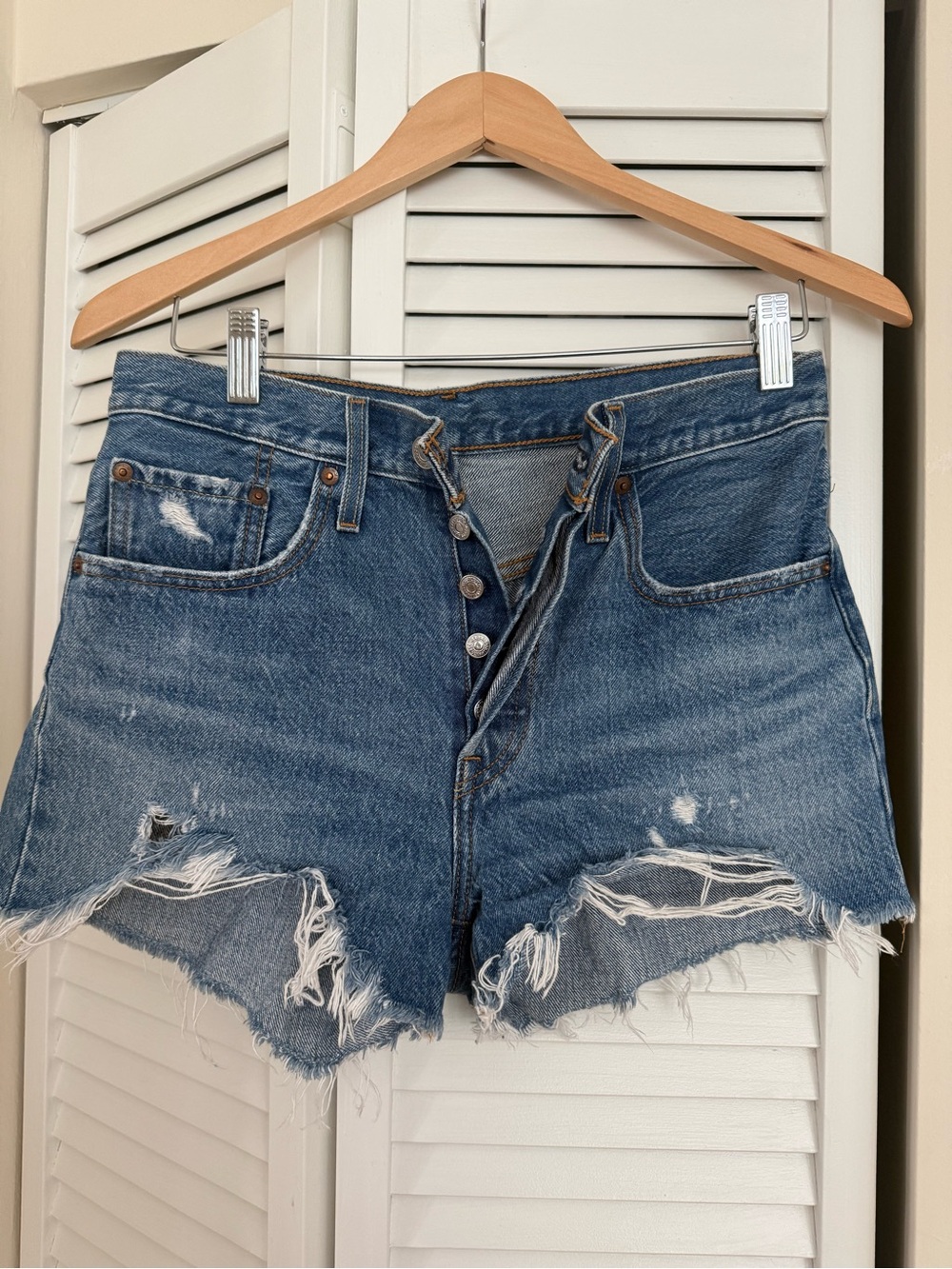 Levi's Blue Distressed Button-Fly Denim Shorts